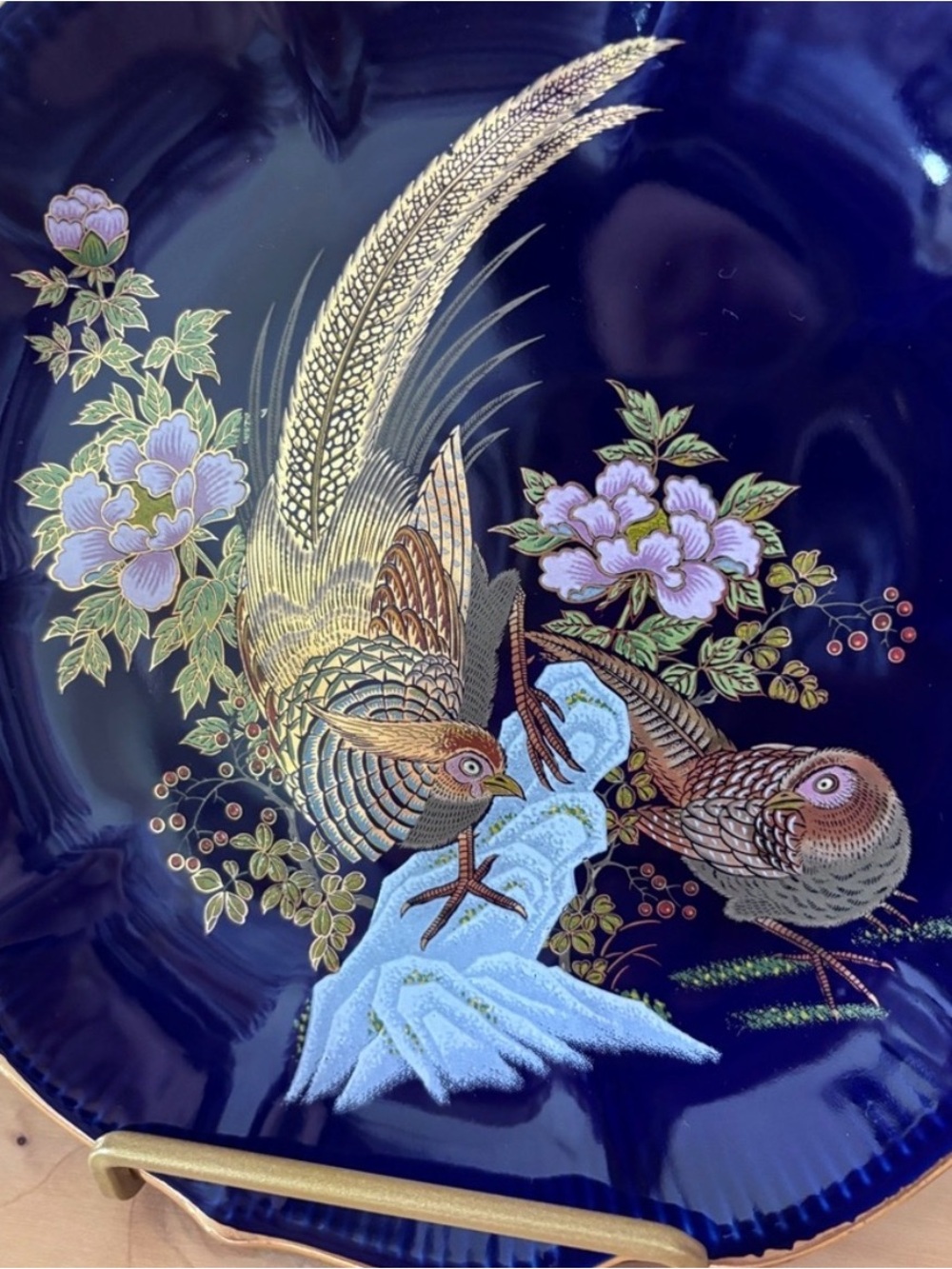 Japanese Art Cobalt Blue Pheasant Plate and Vase Set Oriental